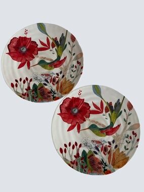 Decorative Colorful Floral Hummingbird Plates Pair 2 8”